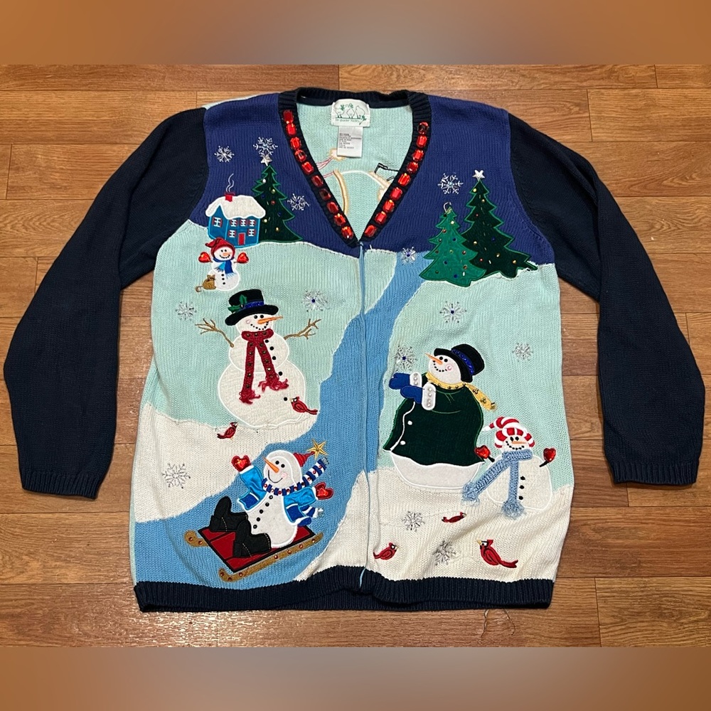 The Quacker Factory Snowman Christmas Sweater Cardigan Women's M Vintage 90s